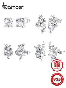 Bamoer 鉑金鍍鋯石動物耳釘，龍鳳馬設計，奢華珠寶，適合日常穿戴與派對 - 銀色 - 查看 12