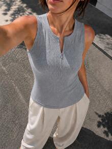 Women's Gray Knit Tank Top, Sleeveless Invisible Zipper Ribbed Slim Fit Top, Minimalist Casual Top For Back To School, Everyday Wear & Casual Outfits - Grey - View 2