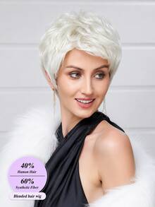6 Inch Short Pixie Cut Wig For Women - 40% Human Hair Blended Wavy Bob Wig Platinum Blonde Natural Looking Breathable Cap Daily Wear Hairpiece - SWhite - View 7