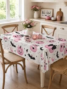 1 pieza Mantel de Halloween rosa claro, estampado de lazo femenino, fantasma, murciélago negro y calabaza rosa con borde ondulado, decoración linda y espeluznante para fiesta de Halloween, hogar, cocina y comedor - Multicolor - Ver 7