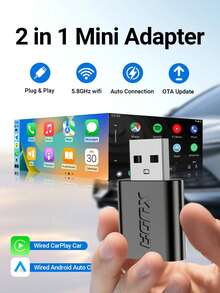 XUDA 2026 Nuevo súper mini adaptador, de cableado a inalámbrico CarPlay y Android Auto, caja inteligente 2 en 1, compatible con el 99% de vehículos con CarPlay/Android Auto cableado de OEM, compatible con WiFi6 de 2.4~5.0 GHz, diseño compacto y elegante, actualizable en línea, conexión rápida, sin batería requerida - A - Ver 2