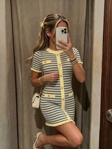 Women's New Spring/Summer Elegant Striped Contrast Color Metal Button Dress, Graceful Ruffle Hem Yellow Striped, Front Button Design, Suitable For Commuting, Daily Dates And Photo Shoots. - Multicolor - View 1
