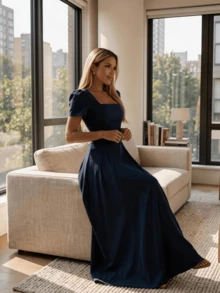 Long Dress With Short Sleeves, Square Neckline, Solid Color, Elegant, Sizes S M L - Navy Blue - View 3