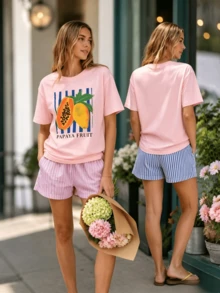 2026 Summer Women Round Neck Tee, Watercolor Papaya Mango Print, Soft Breathable Casual Top Daily Vacation, Free Shipping Ship In 24H. - 粉色 - 查看 1