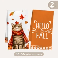 MEMNUN 2 Pcs Autumn Cute Striped Scarf Cat Print Pattern Kitchen Towel Dishcloth, Ultra-Fine Microfiber Polyester Material, Autumn Maple Leaf Pumpkin Hello Fall Decorative Hand Towel, Thanksgiving Home Fabric Hanging Towel, Home Decor, Kitchen Decor, Fall Decor, Suitable For Restaurant, Kitchen, Home Decoration And Gift, 40*60cm/45*70cm - Multicolor - View 12