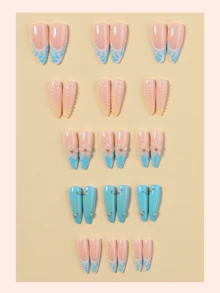 10 Peças Unhas Postiças Acrílicas Longas Amendoado para Verão, Base Nude com Degradê Turquesa, Padrão 3D de Concha & Flor, Design de Contas Douradas, Acabamento Brilhante, Estilo Praia Tropical Y2K, Cobertura Total, Unhas Falsas para Mulheres e Meninas - Multicolorido - Visão 2