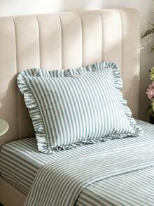 1pc Korean Style Soft Striped Ruffle Pillow Case, Fresh INS Style Bed Head Sofa Decor Square Pillow Cover - No Pillow Insert - Multicolor - View 2