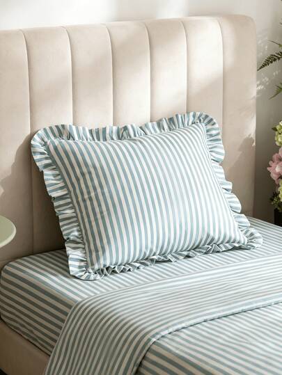 1pc Korean Style Soft Striped Ruffle Pillow Case, Fresh INS Style Bed Head Sofa Decor Square Pillow Cover - No Pillow Insert