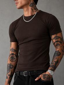 American Ribbed Fitted T-Shirt, Gringa Style, Slim Fit, Casual, Premium Men's Spring/Summer - Rust Brown - View 2