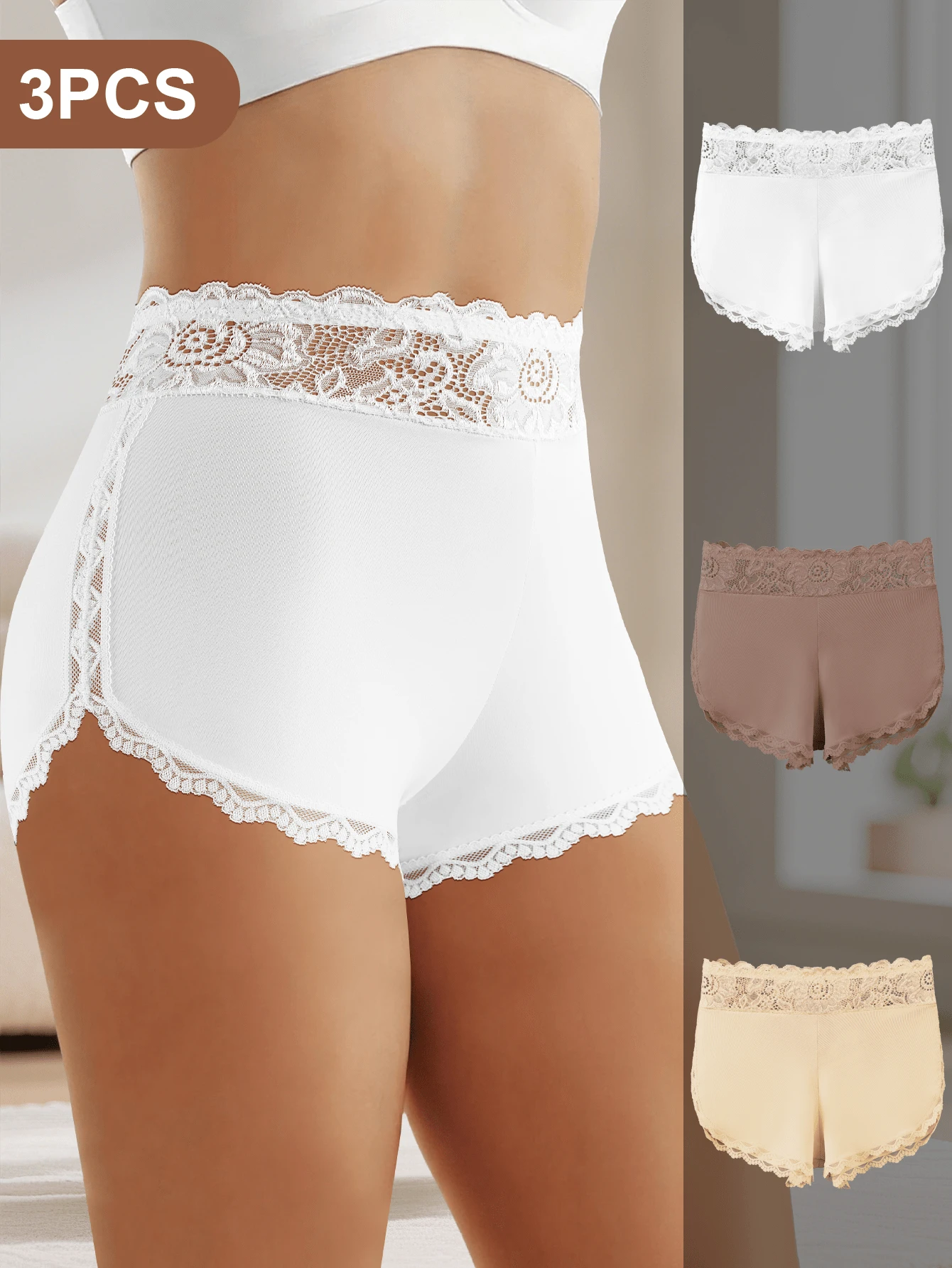 3 chiếc quần lót hipster ren cạp cao nữ, mềm mại thoải mái, che phủ toàn diện, phù hợp mặc khi ngủ, ở nhà, đi làm, du lịch và mặc hàng ngày - Nhiều màu - Xem 1