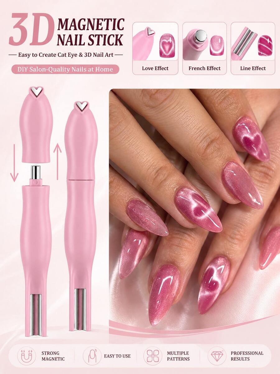 Ímã de Unhas 3D Olho de Gato em Forma de Coração, Ferramenta Magnética de Unhas Tudo-em-1 com Efeitos de Linha Dupla, Lua & Cobra, Ímã de Arte de Unhas em Gel UV com Ponta Francesa, Suprimentos de Unhas para Manicure DIY, Presente para Iniciantes em Unhas, Artistas de Unhas, Volta às Aulas, Halloween, Natal - Multicolorido - Visão 1