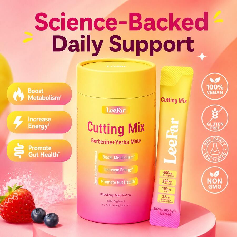 [1 Piece]LeeFar Cutting Drink Mix, Strawberry Acai Flavor, Craving Control Support & Gut Health Drink Powder, Clean Energy Wellness Mix With Berberine, Yerba Mate, 5-HTP, Chromium & Magnesium, Vegan Gluten-Free, 30 Servings - 1 件 - 查看 1