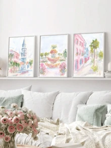 3pcs Charleston Watercolor Canvas Poster Set, Exquisite Style, Elegant Wall Art, Pink Wall Decor, Unframed - 111 - View 4