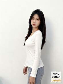 Women's Long Sleeve T-Shirt, White Large U-Neck Top, Versatile Autumn/Winter Slimming Solid Color Inner Layer Base Shirt - White - View 3