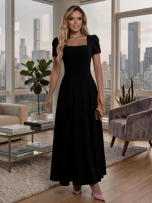 Long Dress With Short Sleeves, Square Neckline, Solid Color, Elegant, Sizes S M L - Black - View 2