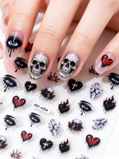 1pc Dark Blood Drip Cross Heart Rose Skull Nail Stickers, Thorn Crown Demon Eye Nail Sliders, Self-Adhesive Disposable Embossed Nail Decor, Gothic Style, Suitable For Theme Party
