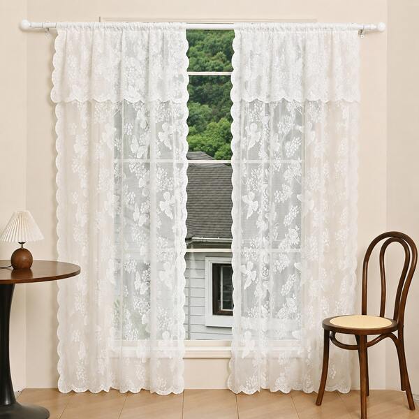 NOSBEI 1PC Rod Pocket Lace Butterfly Floral Folded Edge Sheer Curtain, Semi Light Filter Privacy Ready Made Window Drape, Elegant Decor Panel For Bedroom Living Room Balcony Home