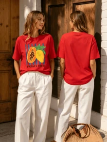 2026 Summer Women Round Neck Tee, Watercolor Papaya Mango Print, Soft Breathable Casual Top Daily Vacation, Free Shipping Ship In 24H. - 紅色 - 查看 1