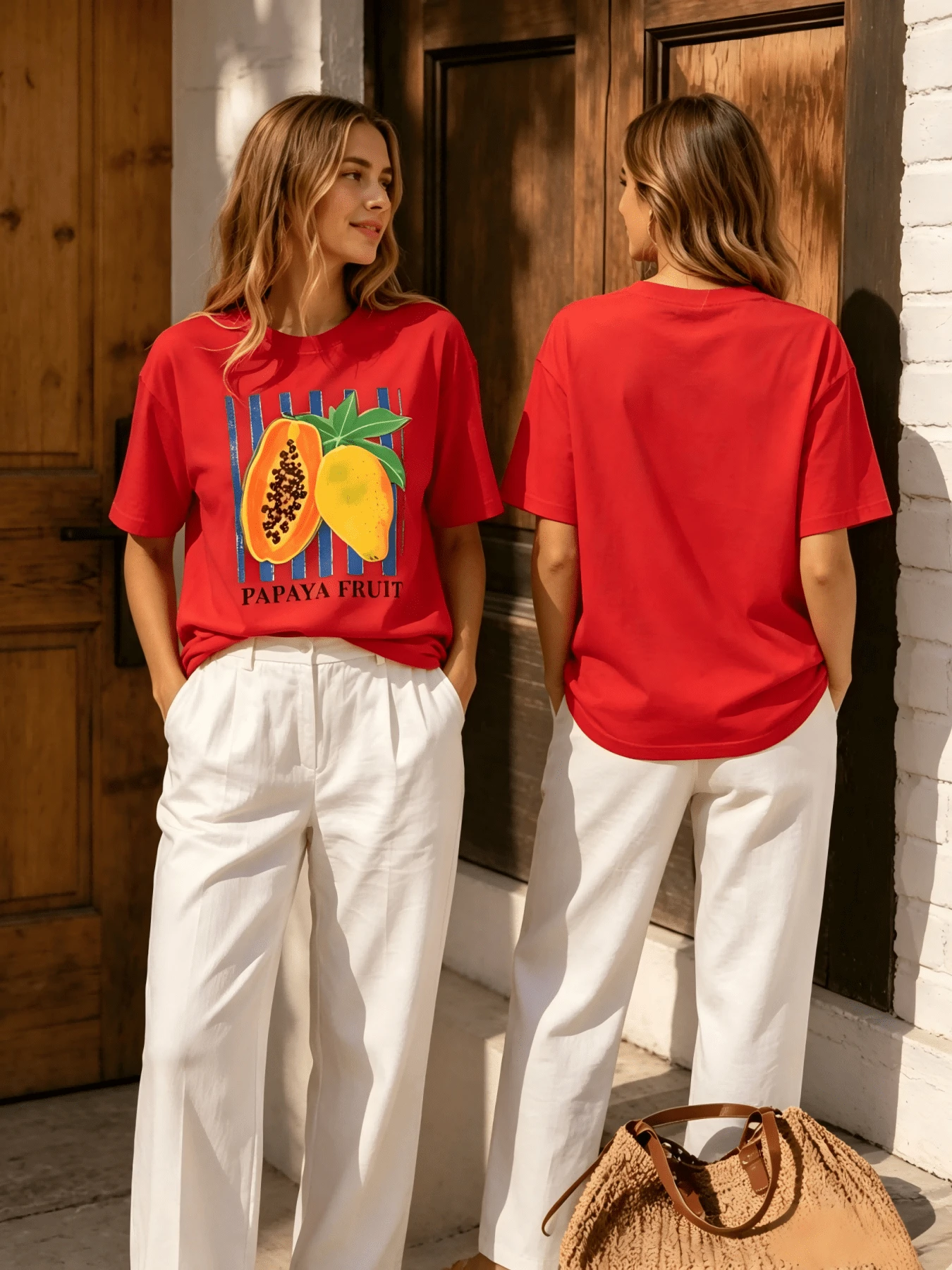 2026 Summer Women Round Neck Tee, Watercolor Papaya Mango Print, Soft Breathable Casual Top Daily Vacation, Free Shipping Ship In 24H. - 紅色 - 查看 1