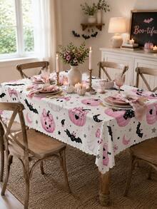 1 pieza Mantel de Halloween rosa claro, estampado de lazo femenino, fantasma, murciélago negro y calabaza rosa con borde ondulado, decoración linda y espeluznante para fiesta de Halloween, hogar, cocina y comedor - Multicolor - Ver 11