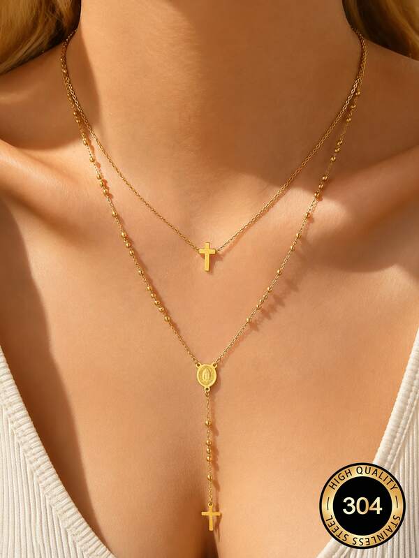 VceTd 2PCS Minimalist Cross Pendant Stainless Steel Necklace For Women, Suitable For Daily Wear Or Gift