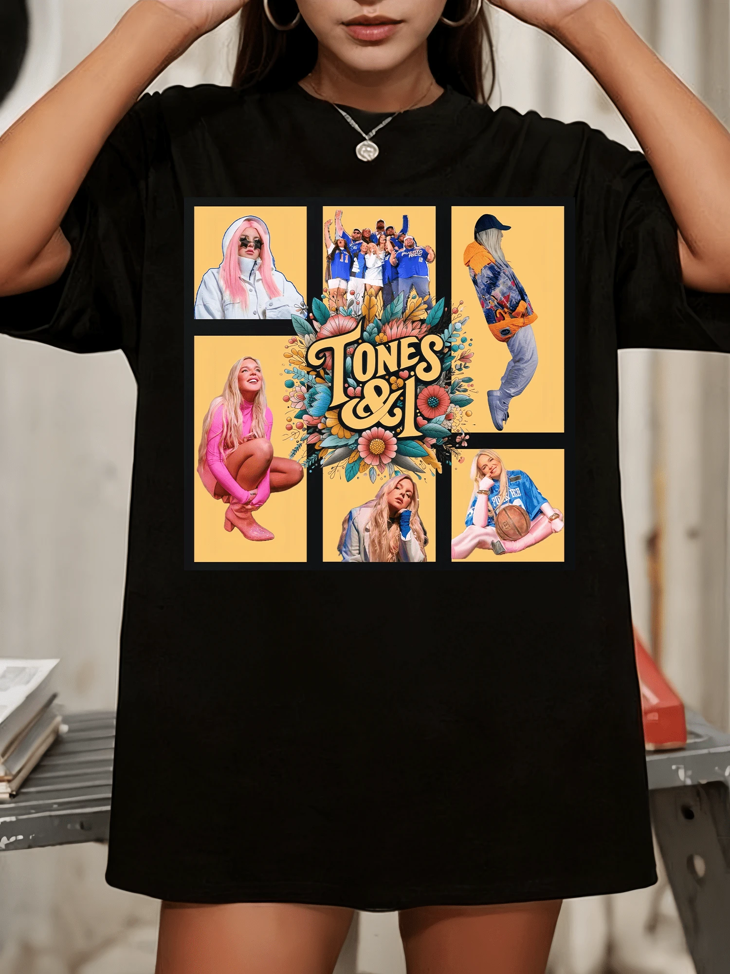 Tones And I Floral Multi Photo Grid Pop Singer Portrait Collage Graphic Tee - Black - View 1