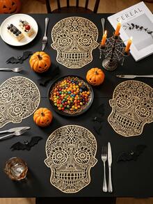 1-4 Stücke orangefarbene Totenkopf-Tischsets, dunkler gotischer Stil, weiches PVC, Cut Out geschnitztes Totenkopf-Design, waschbar, rutschfest, geeignet für Halloween / Tag der Toten Tischdekoration - Verschiedenfarbig - Übersicht 1