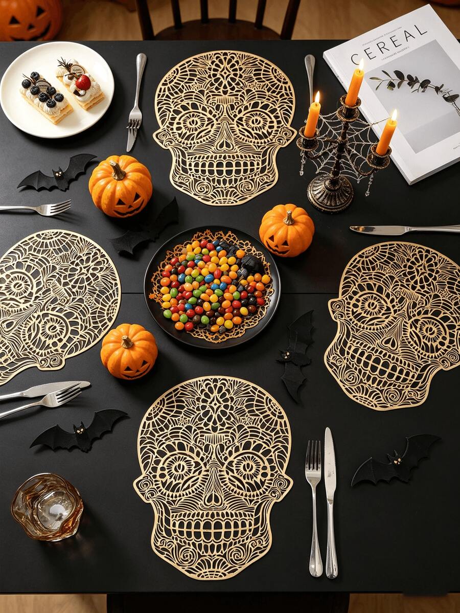 1-4 Stücke orangefarbene Totenkopf-Tischsets, dunkler gotischer Stil, weiches PVC, Cut Out geschnitztes Totenkopf-Design, waschbar, rutschfest, geeignet für Halloween / Tag der Toten Tischdekoration - Verschiedenfarbig - Übersicht 1