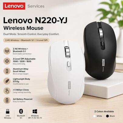 Ratón inalámbrico Lenovo N220, conexión mediante receptor USB, diseño silencioso y de bajo ruido, diseño portátil, adecuado para escritorio y portátil