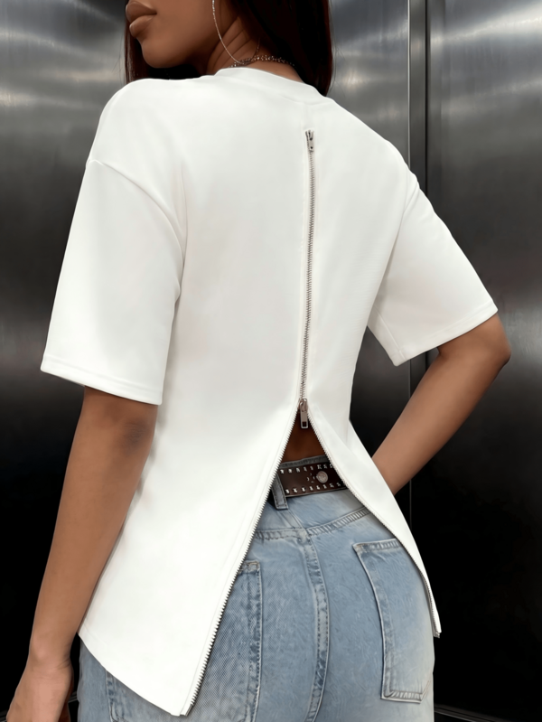 Women's Casual Zipper Split Back Half Sleeve Slim Fit T-Shirt For Dailywear,Fall Winter Clothes Outfit For Women,Cute Top,Going Out Tops.Maija