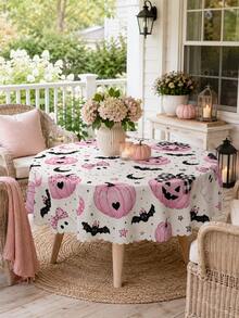 1 pieza Mantel de Halloween rosa claro, estampado de lazo femenino, fantasma, murciélago negro y calabaza rosa con borde ondulado, decoración linda y espeluznante para fiesta de Halloween, hogar, cocina y comedor - Multicolor - Ver 4