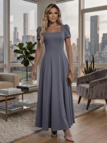 Long Dress With Short Sleeves, Square Neckline, Solid Color, Elegant, Sizes S M L - 灰色 - 查看 6