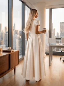 Long Dress With Short Sleeves, Square Neckline, Solid Color, Elegant, Sizes S M L - Beige - View 3