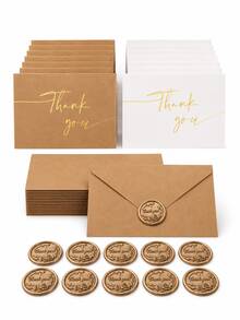 10pcs Thank You Cards Bulk Pack With Kraft Envelopes And Wax Seal Stickers, Minimalist Design, Suitable For Business, Wedding, Baby Shower, Bridal Shower And Graduation - Gold Foil - View 1