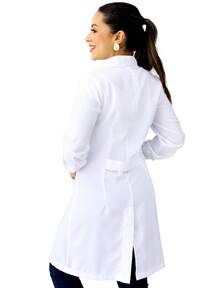 Jaleco Avental Botão Feminino Oxford Com Punho E Manga Longa Gola Padre, Acinturado, Slim - Branco - Visão 6