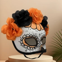 1pc Sugar Skull Mask For Day Of The Dead, Decorated With Orange And Black Artificial Roses, Glitter And Rhinestones, Half Face Mask For Halloween Costume Party, Mexican Day Of The Dead Women's Party Accessory - View 6