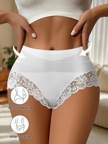 3pcs Women's High Waist Lace Tummy Control Panties, Breathable Elastic Full Coverage Triangle Briefs, Suitable For Work, Travel, Daily Wear, S–XXL - Multicolor - View 3