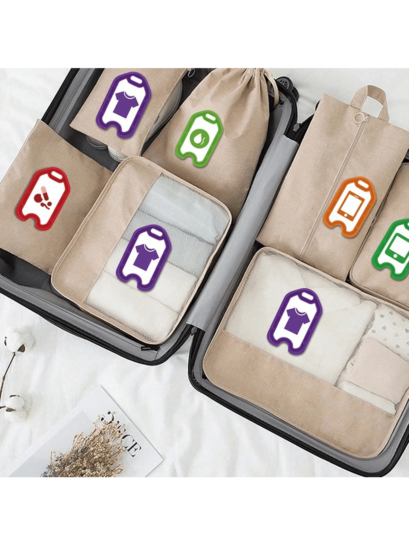 Wasserdichte selbstklebende PVC-Gepäck-Klassifizierungsaufkleber, 6 Stile, Reiseorganisationsetiketten, reißfest, lichtecht, geeignet für Aufbewahrungsboxen, Rucksäcke, Medikamentenschachteln, Toilettenartikel und Elektronikgeräte-Aufbewahrungstaschen, Reisekoffer-Klassifizierungsmarkierungsaufkleber, geeignet für Urlaub, Camping, Geschäftsreisen, Schlafzimmerdekoration, Schulanfang