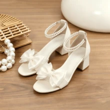 Sweet Mesh Bow Coarse Heel Sandals, Pearl Adjustable Ankle Strap, Versatile Fairy Style High Heels, Suitable For Daily Use, Vacation, Dating - 白色 - 查看 1