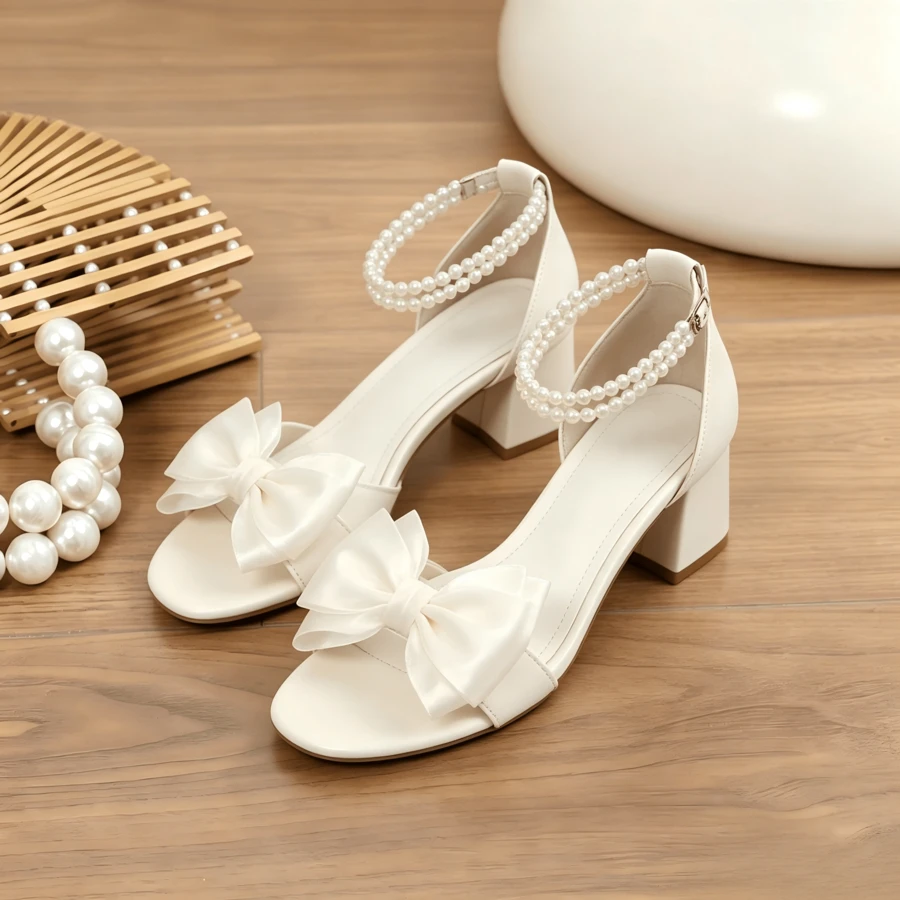 Sweet Mesh Bow Coarse Heel Sandals, Pearl Adjustable Ankle Strap, Versatile Fairy Style High Heels, Suitable For Daily Use, Vacation, Dating - 白色 - 查看 1