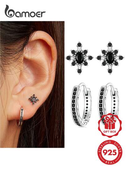 BAMOER 925 Sterling Silver Hypoallergenic Black Cubic Zirconia Carved Earrings And Star Stud Earrings Set, Gothic Vintage Style Women's Jewelry, Suitable For Daily Wear, Party, Gift Choice