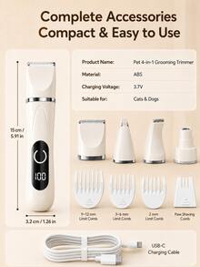 4-In-1 Pet Grooming Kit For Dogs And Cats, Low Noise Dog Clipper With Ceramic Blade, Nail Grinder, Claw Trimmer, LED Battery Display, USB-C Rechargeable Cat Clipper With Guide Comb, Suitable For Body, Face, Paws And Nails - View 3