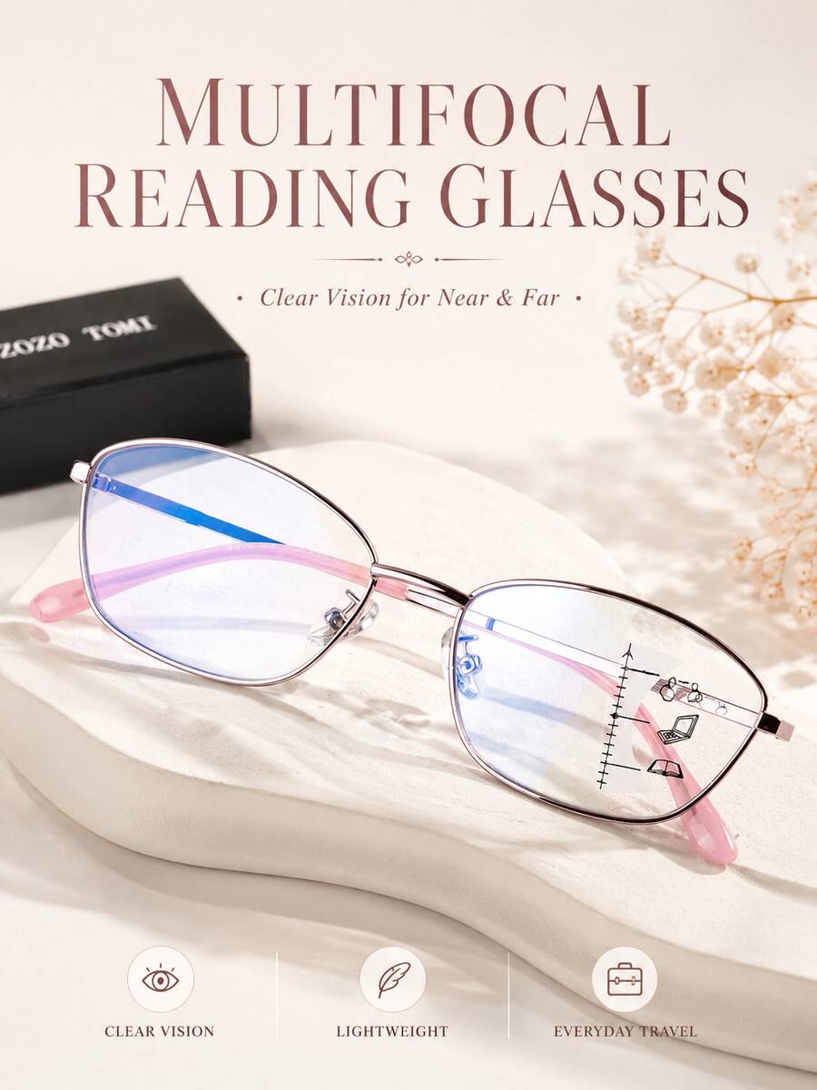 Progressive Multifocal Reading Glasses, Full Metal Cat Eye Frame, Dual-Use For Near And Far Vision, Light Clear Vision Design, Lightweight And Fashionable For Daily Wear And Travel