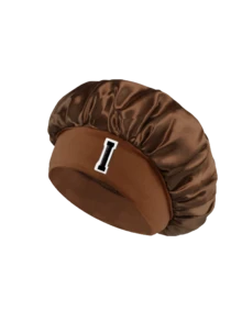 1pc Women's Glossy Satin A-Z Letter Hair Bonnet, Skin-Friendly & Breathable, Suitable For Daily Hair Washing/Home Care/Night Sleep/Year-Round Use - Coffee Brown - View 9