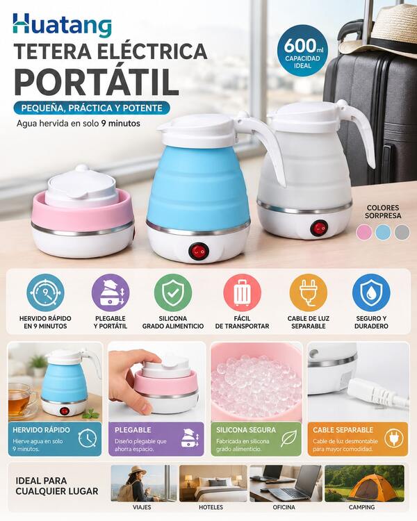 HUATANG COLOR SOPRESA TETERA CAFETERA ELECTRICA PORTATIL CALENTADOR HERVIDOR PLEGABLE 600 ml, 3 COLORES DISTINTOS DE SILICONA GRADO ALIMENTICIO AGUA HERVIDA EN 9 MINUTOS DE FACIL TRASLADO CABLE DE LUZ SEPARABLE