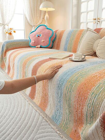 1pc Multi-Color All-Season Washable Sofa Throw Blanket With Tassels, Pet-Friendly Anti-Scratch Sofa Cover, Suitable For Living Room, Bedroom, Home Decor, Fits 1/2/3/4 Seater And Sectional Sofas