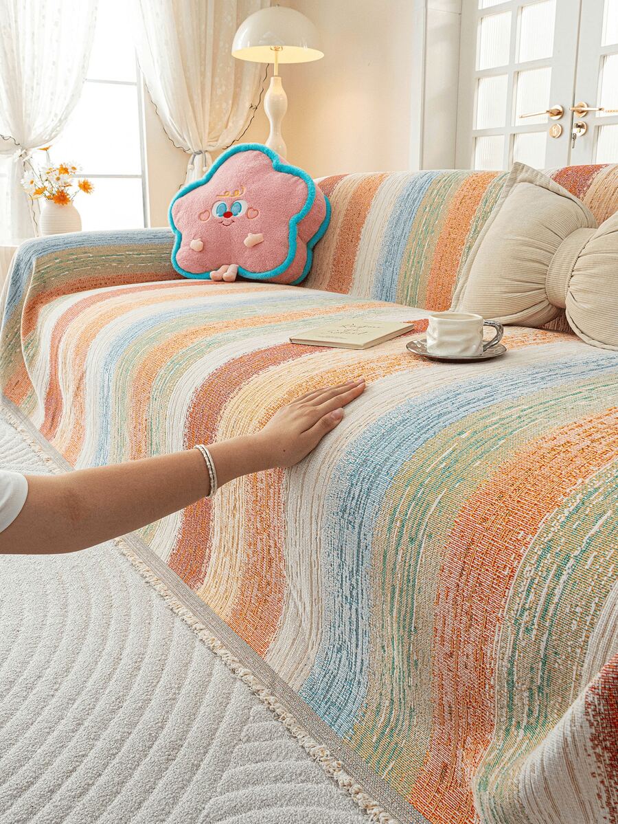 1pc Multi-Color All-Season Washable Sofa Throw Blanket With Tassels, Pet-Friendly Anti-Scratch Sofa Cover, Suitable For Living Room, Bedroom, Home Decor, Fits 1/2/3/4 Seater And Sectional Sofas - Multicolor - View 1
