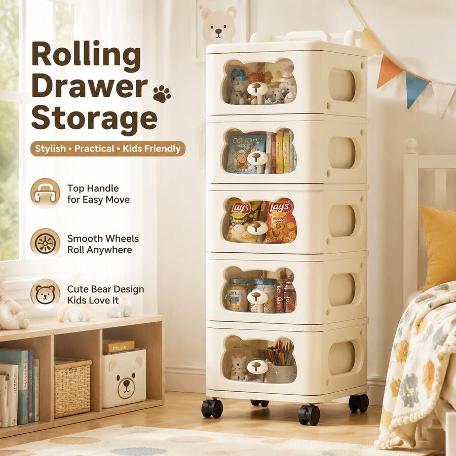 Stackable Rolling Drawer Storage Cabinet With Wheels, 5 Tier Multi-Tier Storage Organizer, PP Material Storage Bins With Handles For Home Organization, Bedroom, Nursery, Entryway, Tool-Free Assembly, Space Saving Mobile Storage, US Local Delivery