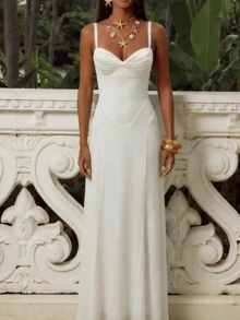 Elegant Tie Waist Fitted Semi-Sheer Wedding Evening Party Dress - White - View 3