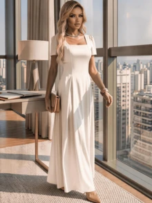 Long Dress With Short Sleeves, Square Neckline, Solid Color, Elegant, Sizes S M L - Beige - View 6